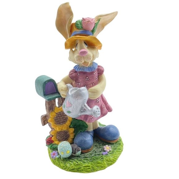 Vintage Girl Easter‎ Bunny Resin Statue Figurine Decor Dress Hat Watering Can 5” - Picture 1 of 10